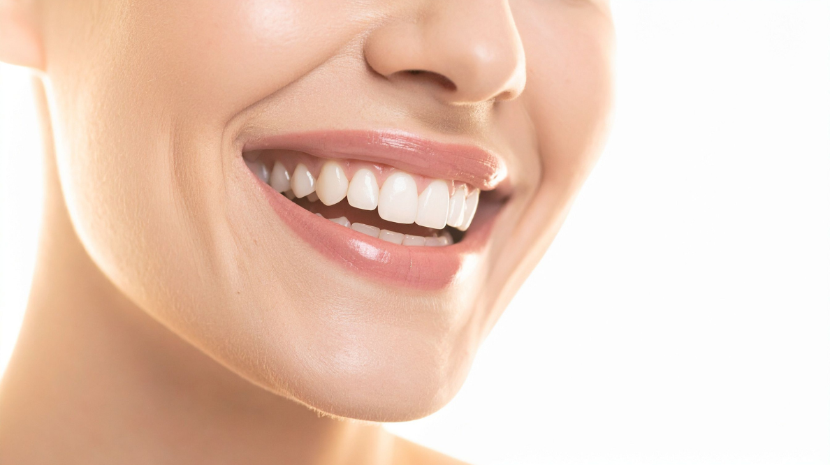 Close-up of a smiling person showing white teeth and pink lips, highlighting a healthy smile.
