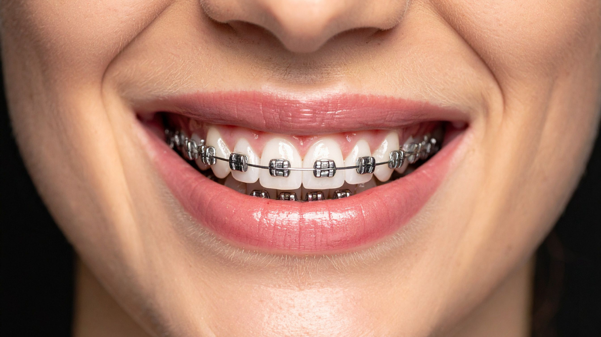 Close-up of a smiling person with metal braces on upper and lower teeth.