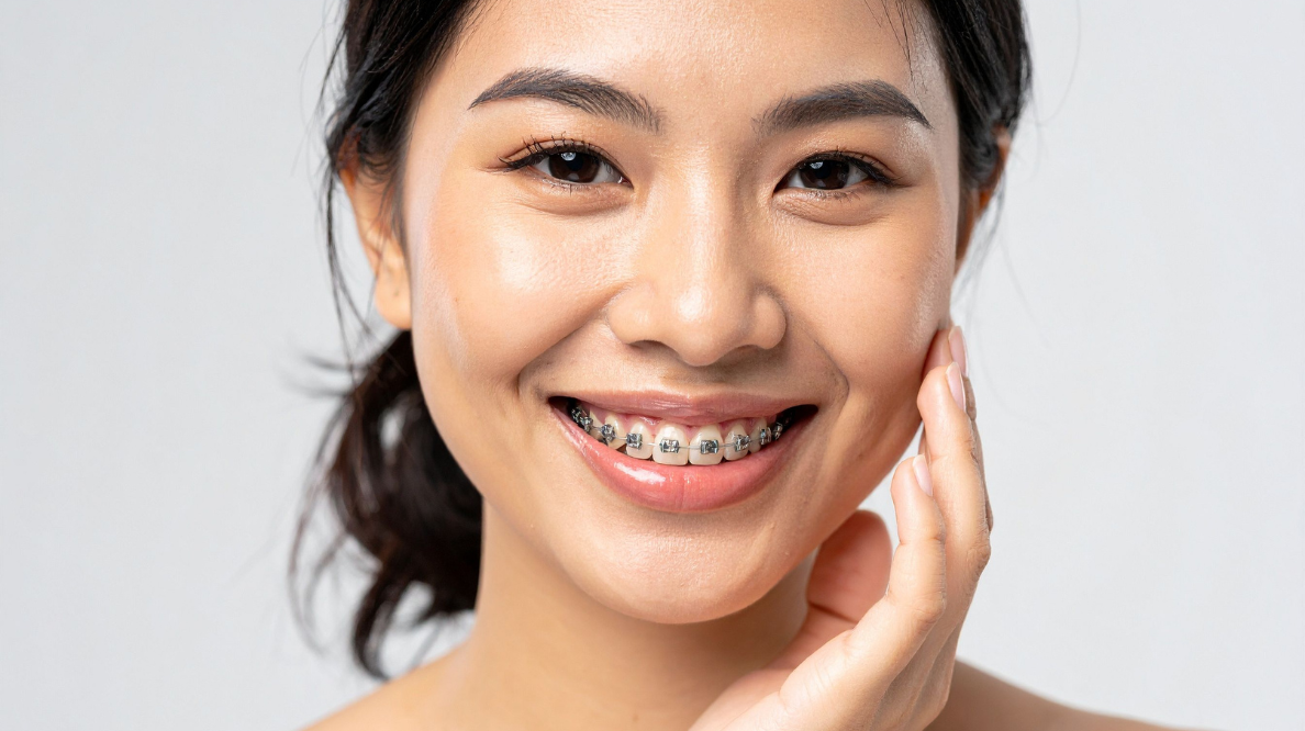 Close-up of a smiling woman with braces showing on her teeth, touching her cheek lightly.