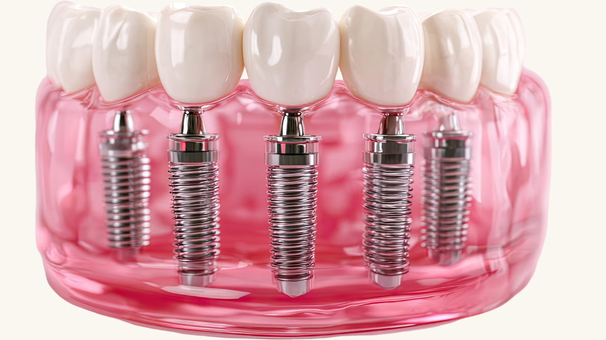 Close-up of a dental implant model showing four titanium implants embedded in pink gum with artificial teeth on top, illustrating implant-supported crowns.