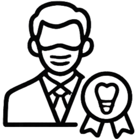 Line drawing of a dentist wearing a face mask and suit, with a dental award ribbon badge to the side.