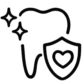 Shield icon with a heart center and surrounding sparkle marks, conveying secure protection with care.