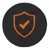Orange shield with a checkmark on a dark circular background, signaling security or verified status.