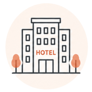 Illustration of a multi-story hotel with a central entrance, orange 'HOTEL' sign, and two trees on a circular pale background.
