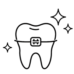 after-braces - Dr. Spandanas Dentistry - Dr. Spandanas Dentistry Cartoon tooth with braces and sparkling stars, signaling orthodontic treatment or dental care and cleanliness.