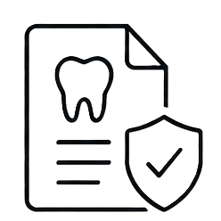 Icon of a dental report: a sheet with a tooth drawing, lines of text, and a shield with a checkmark indicating verification or approval.