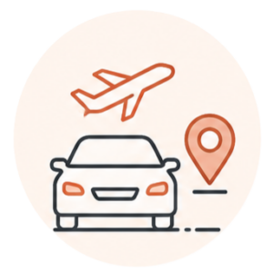 Icon of a car with a plane above and a location pin, representing airport transfer or travel logistics.