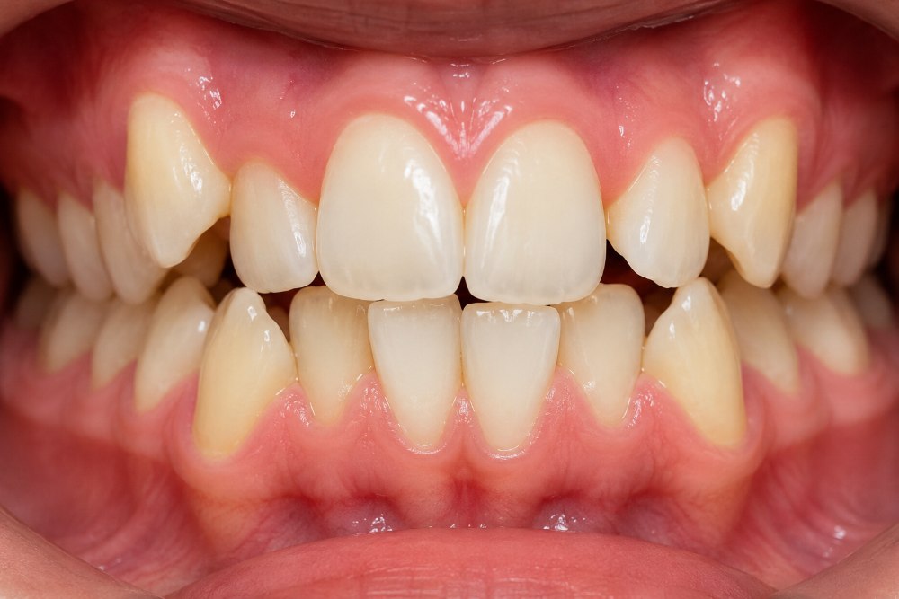 Close-up of crowded teeth with slight misalignment in both arches and pink gums.