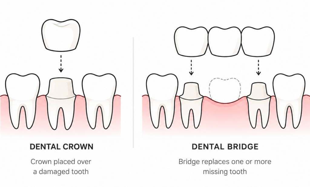 Illustration comparing a dental crown placed over a damaged tooth (left) with a dental bridge spanning a missing tooth (right).