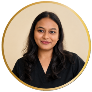 Smiling woman portrait in a black top, framed by a gold circular border on a black background.