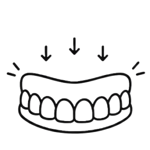 Close-up of a mouth showing teeth with three downward arrows pointing at the teeth, indicating pressure on teeth or biting pressure.