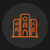 Orange skyline icon with three buildings inside a dark circular badge.