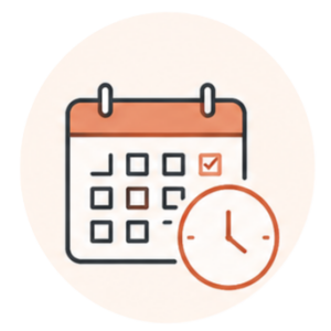 Illustration of a calendar with a checked box and a clock, symbolizing scheduling or an appointment.