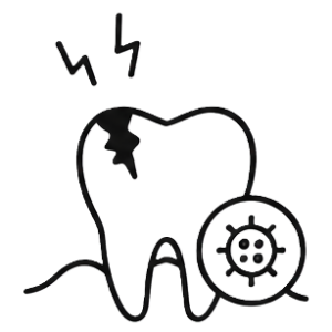 Tooth with a crack and cavity next to a round shield symbol.