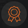 Orange award ribbon badge on a dark circular background.