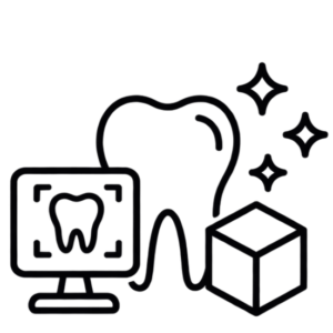 Line drawing of a tooth, a computer monitor displaying a tooth icon, a 3D cube, and sparkles, illustrating digital dentistry.