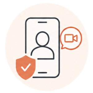 Smartphone with a user icon, a video call bubble, and a shield with a checkmark indicating identity verification.