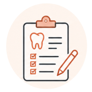 Dental exam form on a clipboard with a tooth icon, checkboxes, and a pencil.