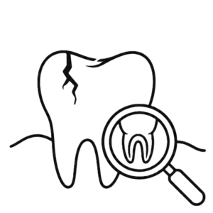 Cartoon tooth with a crack and a magnifying glass focusing on a smaller tooth, symbolizing dental inspection or examination.