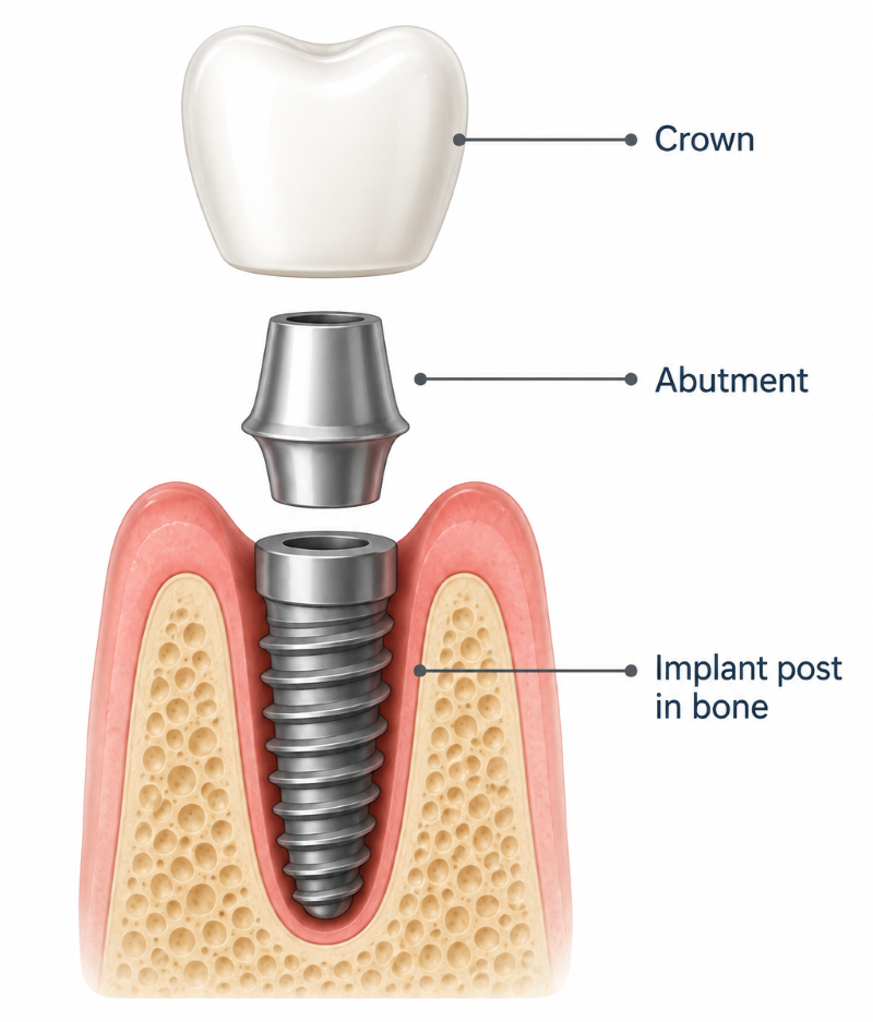 Cross-section diagram of a dental implant: crown, abutment, and implant post in bone.