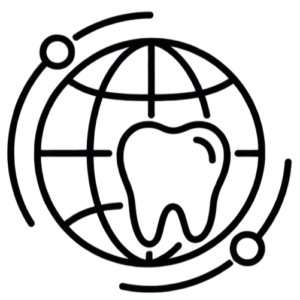 Global dental health icon: a tooth overlaid on a globe with orbiting circular lines around it.