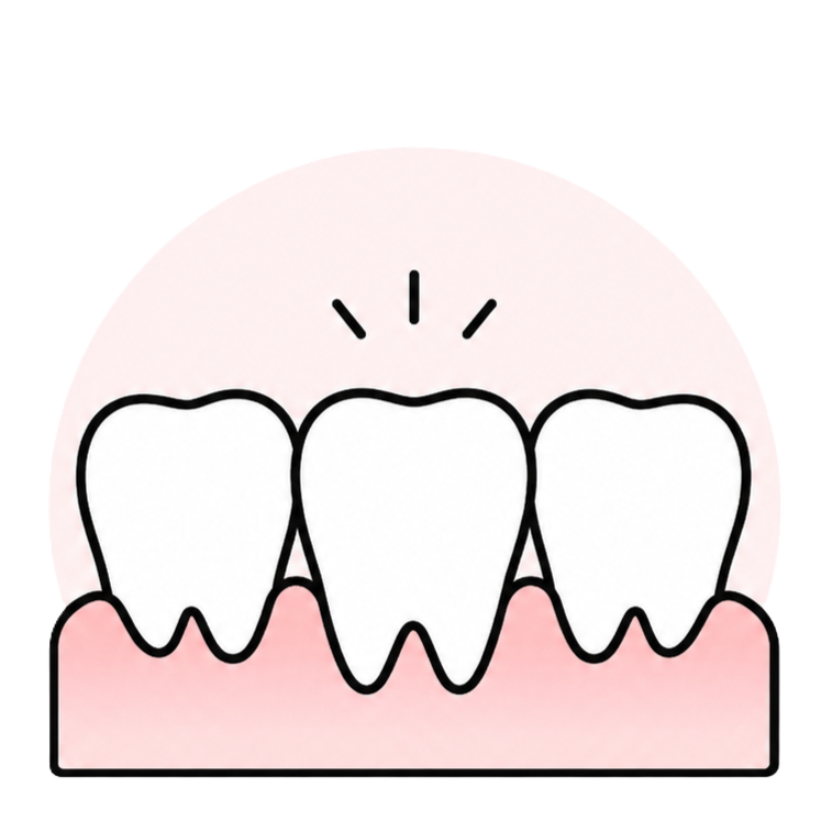 Three white teeth with pink gums; emphasis marks above the center tooth suggest focus on dental care.
