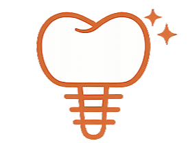 Cartoon tooth with an implant screw and sparkles, illustrating a dental implant.