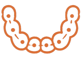 Orange line drawing of a lower dental arch with braces, symbolizing orthodontic treatment.
