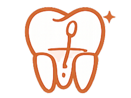 Cartoon orange tooth with a small sparkle, representing dental hygiene or a dentist’s services.