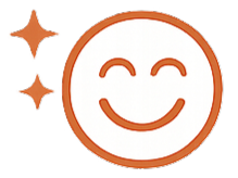 Smiling round emoji with an orange border and closed eyes, accompanied by two star sparkles to the left.