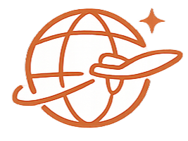 Orange globe with a looping airplane around it and a small sparkle, symbolizing global travel or international flights.